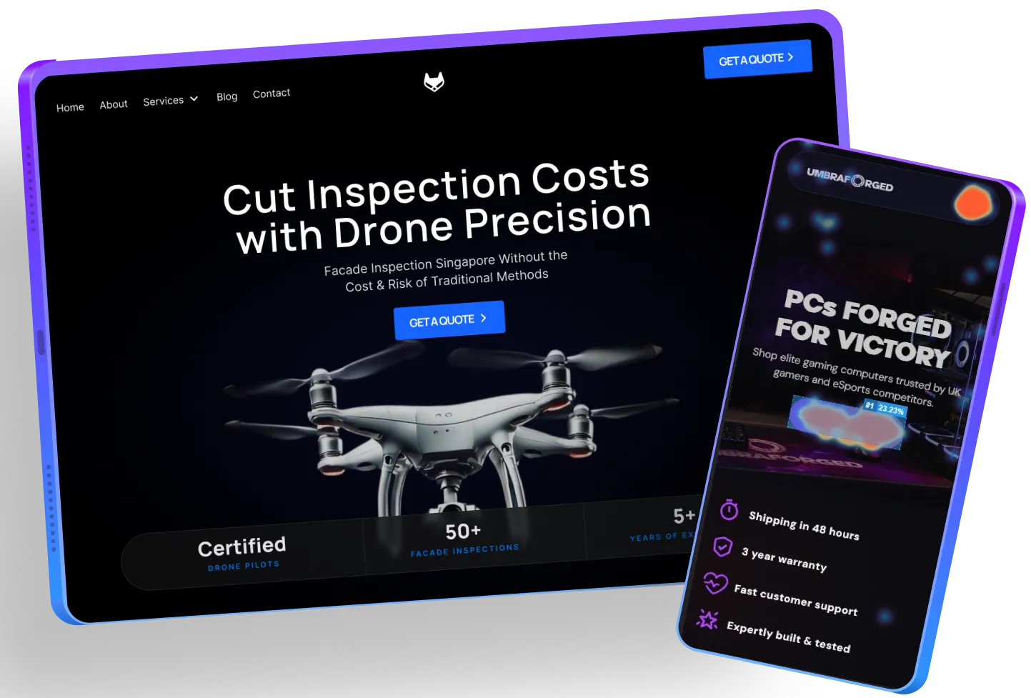 UMBRAFORGED UK landing page, created and designed by V and Bruno, Shopify Liquid theme development, as seen from a mobile phone. As well as Aerial Perspectives Studios landing page, created and designed by V and Bruno, AstroJS and React development, as seen from a tablet